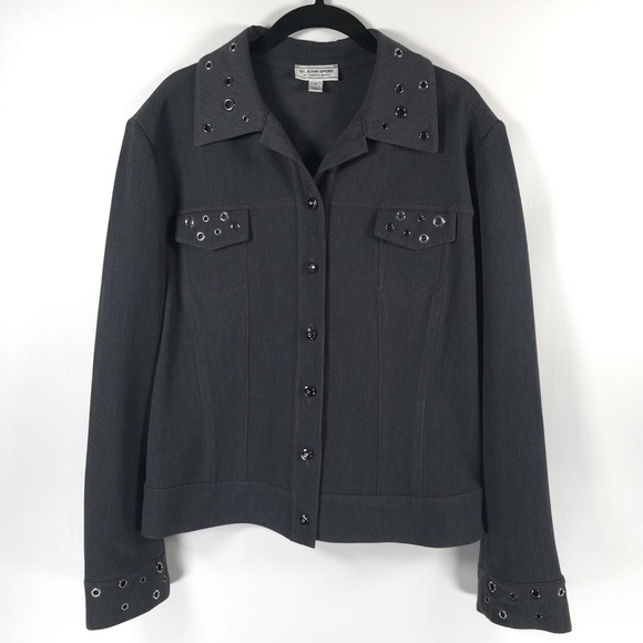 ST. JOHN SPORT MARIE GRAY Stretch Light Blazer Coat Silver Grommet Studs MEDIUM - Picture 2 of 13